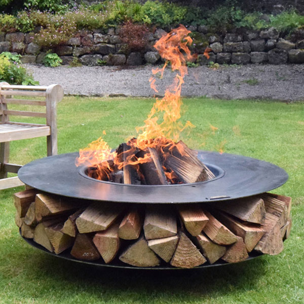 Firepits UK Flat Ring of Logs Bowl with Log Store and BBQ Swing Arm Fire Pit
