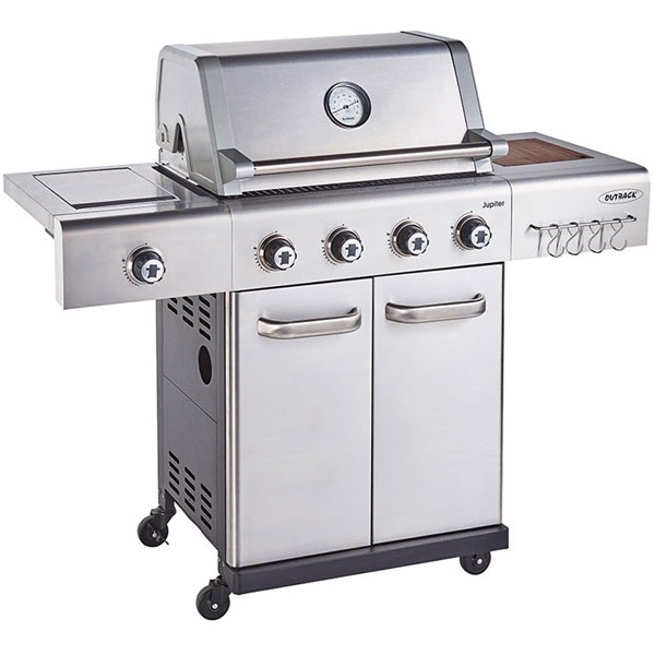Outback Jupiter 4 Burner Hybrid Barbecue with Chopping Board | Stainless Steel