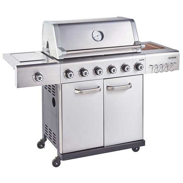Outback Jupiter 6 Burner Hybrid Barbecue with Chopping Board | Stainless Steel